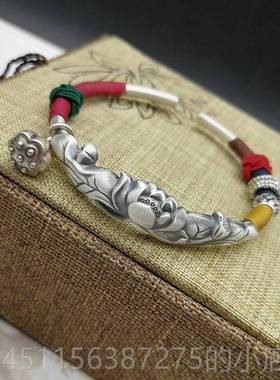 高档原新品民族风手绕线莲藕莲花999纯工创银饰口品手镯开莲蓬吊