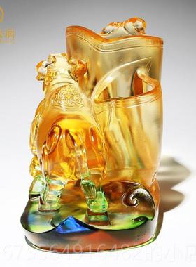 正品琉璃笔筒牛公摆件办室桌面装饰创意实用高档气大男老士板生日