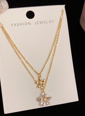 小清新时尚镶钻半双层花朵项链女网红精致高级感锁骨链配饰