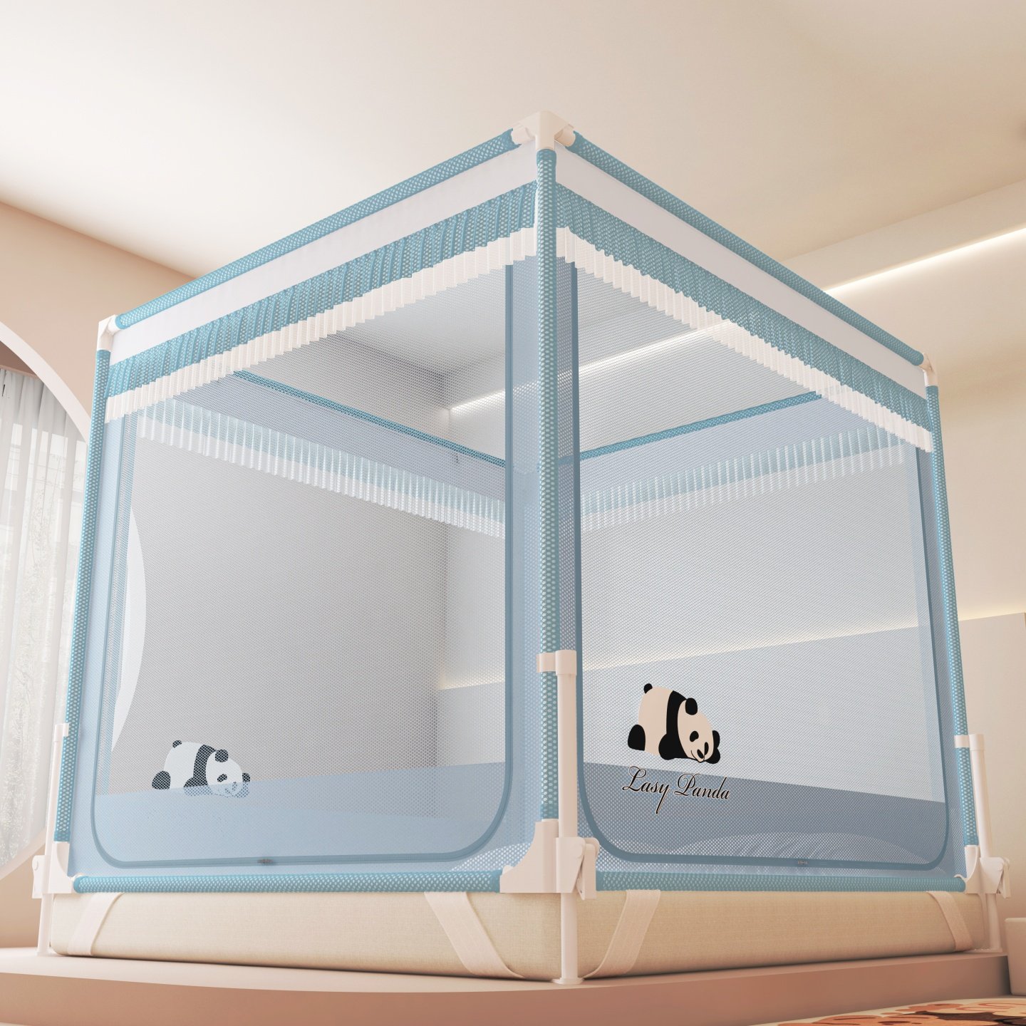 2025新款围栏全底防摔防尘三开门坐床蚊帐家用卧室1.8米床A类纹帐,淘宝优惠券,粉丝福利购,淘宝优惠卷