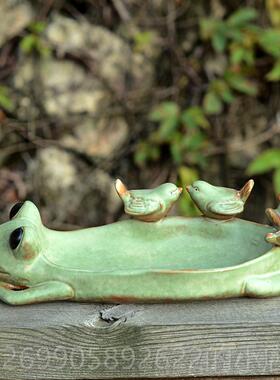 正品家居装品田园饰风格青蛙肉多花盆陶瓷摆件特色工艺品办喂鸟器