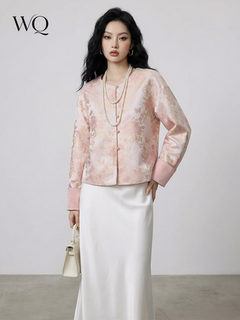 Wangqin new chinese style light luxury niche high-end national style buckle heavy jacquard embroidery pink jacket