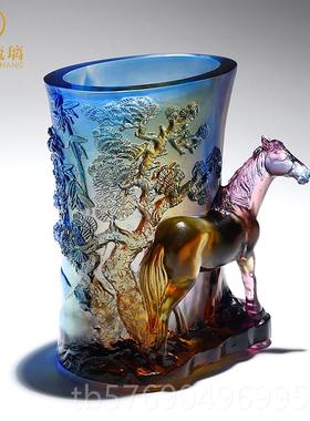 新款琉导璃笔筒送摆件办马公室老板桌面装饰品领生日礼物升职定制