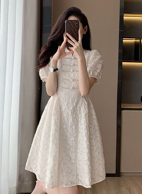法式复古新中式国风改良旗袍裙子女夏季新款收腰显瘦泡泡袖连衣裙