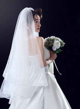 韩式新娘头纱超仙弹力网双层造型婚礼婚纱头饰森系结婚中长款头纱