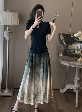新中式国风套装女夏季新款修身短袖T恤高级感水墨画半身裙两件套