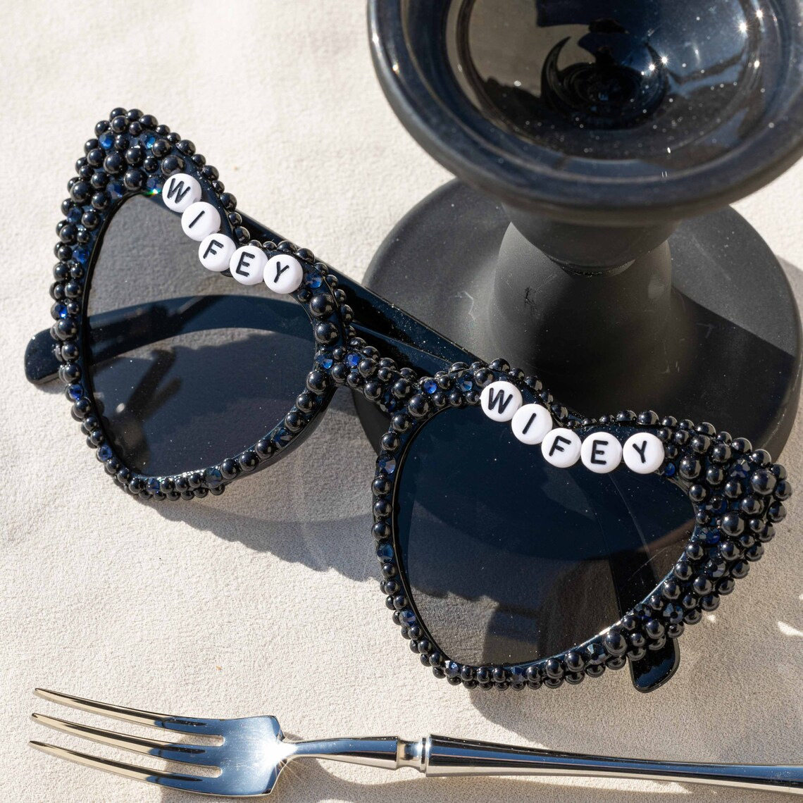 Wedding party bride black pearl love sunglasses