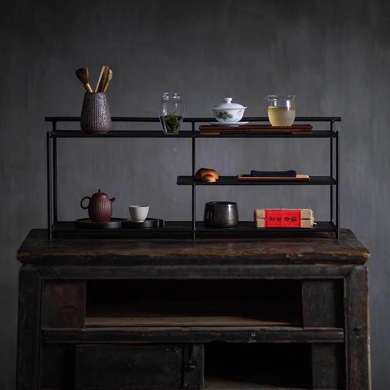 Iron art exhibition tea shed black Bogu rack tea set storage Japanese tea shed display tea rack room tea space desktop tea cabinet