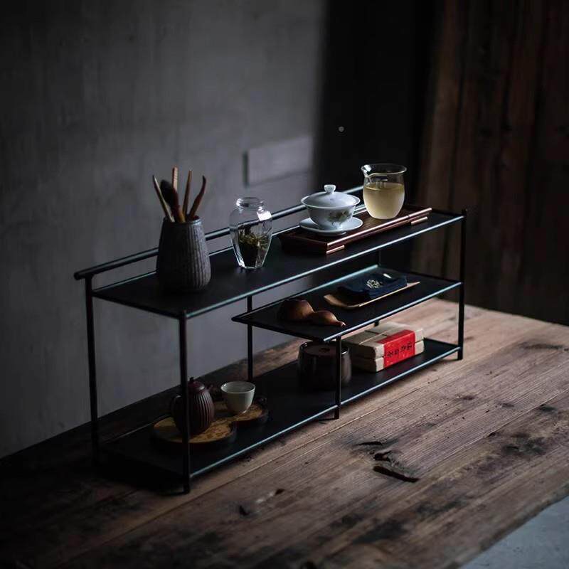 Iron art exhibition tea shed black Bogu rack tea set storage Japanese tea shed display tea rack room tea space desktop tea cabinet