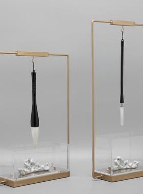 摆新中式文房1122四宝创意房太湖毛石笔架镀金金属挂架书件