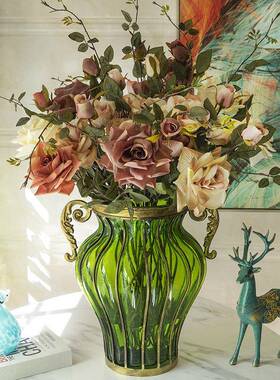 玻璃花瓶摆件客厅大号插花欧式复古绿色水培鲜花玄关边几美式轻D&