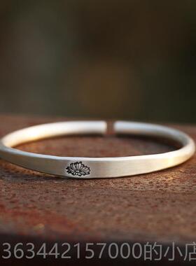 高档手99纯银磨砂代中间古扁平雏菊精致固体自然文学9覆古镯