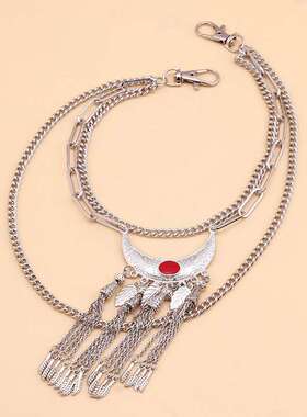 跨境个性金属多层月牙形雕刻饰品民族风苗族配饰银色树叶吊坠裤链