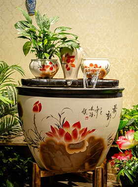 旺泥陶瓷荷花流水摆件