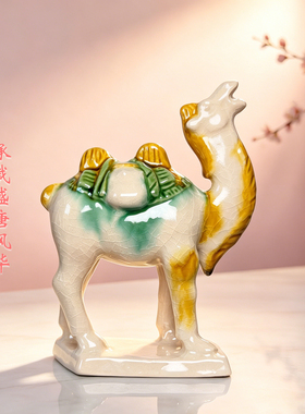 唐三彩马对马驼家居桌面装饰摆件
