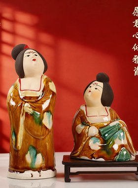 手工制唐三彩胖妞唐仕女文创摆件