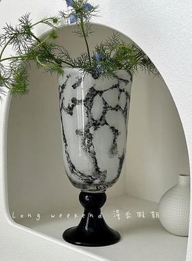 欧式复古黑白水墨琉璃花瓶桌面摆件装饰大口径玻璃花瓶插花鲜