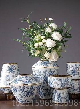 高档现风货新中国风青花花瓶花插高端中国餐厅客瓷厅手工装饰饰品
