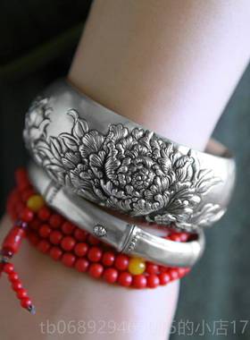 正品喜月手工纯浮银饰品原设计制雕复古99足纯银宽创手镯牡丹定女