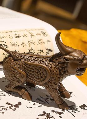 正品古铜铜法饰兽獬豸摆件独角兽铜麒麟客厅家居装品文房官办公桌