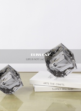 现代轻奢烟灰方形水晶摆件样板房客厅书柜桌面咖色方块创意装饰品