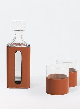 现ES-A6286代橙色皮革玻璃酒具套客飘件窗醒酒器装饰厅摆餐桌茶几