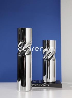 由南现代简约圆柱电镀玻璃花瓶花器摆件样板房售楼处软装饰品摆设