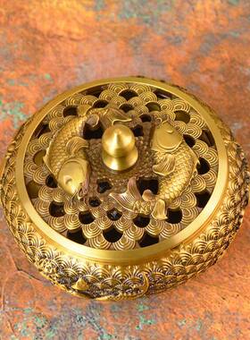 宏达锦鲤烟品缸铜鲤鱼烟灰全黄灰浮雕储物罐创意家居装饰锦鲤烟灰