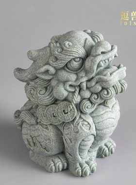 逗兽记 新中式青砂石六财麒麟房间桌面摆件茶宠可养鱼缸造景摆设