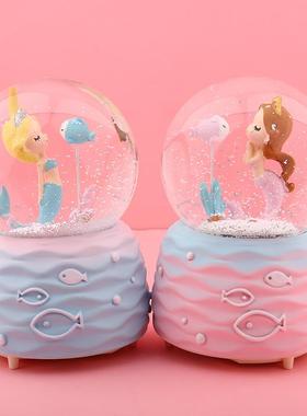 家居人鱼恋水晶球音乐盒发光送女生日情人节礼品摆件雪景特效