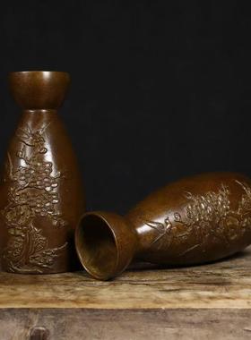 古玩杂项酒杯乾隆年制纯铜喜上眉梢酒盅酒具家居工艺摆件铜器一对