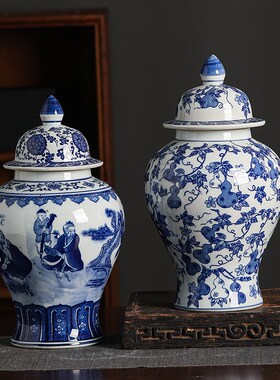 景德镇青花瓷将军罐中式陶瓷花瓶摆件别墅客厅花瓶陶瓷摆件陶瓷瓶