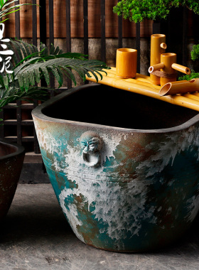 复古陶瓷仿古大缸浮世绘鱼缸落地摆件庭院园林粗陶手工流水水景盆