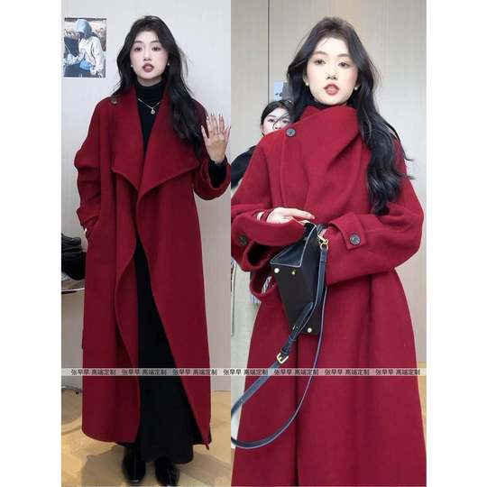 红色高级感双面羊绒大衣女2025新款长款过膝收腰气质韩系毛呢外套