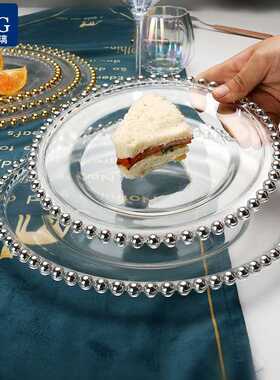 欧式电镀金色玻璃珠点盘子西餐摆盘婚礼装饰盘家用蛋糕盘西餐垫盘