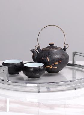 亚克力透明托盘售楼营销中心客厅接待茶室圆形金属置物茶盘摆件