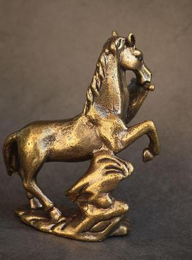 复古实心纯黄铜办公桌面车载小摆件马到成功茶宠工艺品手把玩件