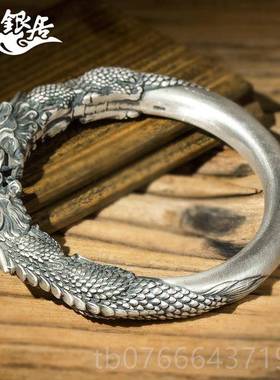 正品双传貔貅 手镯男士云南雪花银精开口实心原创设计手工雕银手