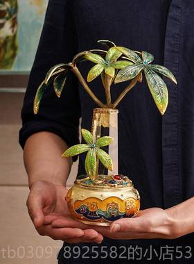 高档罗比宝罗丹珐琅彩工聚盆发财树摆件客厅办公室招艺财摆业件开