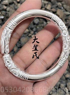 正品纯银箍如意金棒手镯 999云花银 纯手雪工定制网红同款实心情
