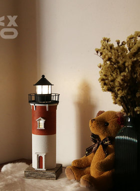 YBOX创意美式复古发光灯塔立体灯塔摆件水泥质感建筑木制海洋儿童