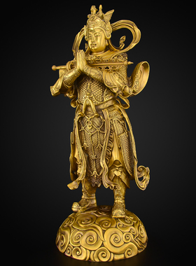 黄铜韦陀菩萨摆件伽蓝韦驮左右护法佛像铜像家用佛堂供奉神像大号