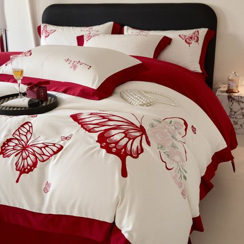 高档中式婚庆四件套全棉床单床笠款纯棉刺绣被套结婚喜被床上用品 - 图0