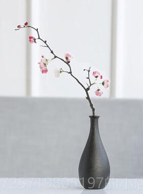 高档陶瓷花瓶简约黑陶客厅家居饰品轻摆件日式复干古黑色装奢花插