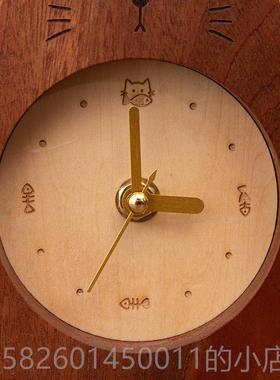 高档顽慕创意座钟客时中办面公室桌钟摆件电视柜台式实木质小厅猫