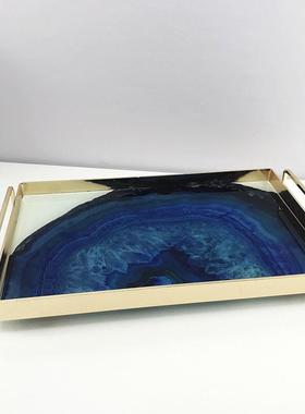 欧式奢轻创意托盘金瑙石纹现代属客厅玛茶几办公室玻璃收纳JPO装