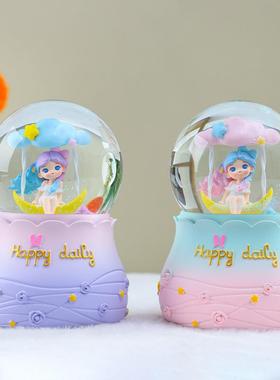秋千一梦可爱卡通女孩子发光发亮八音盒水晶球内转飘雪水球