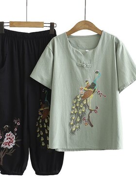 奶奶夏装棉麻套装中老年人女装夏季两件套妈妈宽松短袖上衣老太太