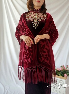 夏季红色高档真丝披肩复古流苏搭配丝绒旗袍礼服婚宴妈妈外披薄款