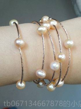 高档珍韩版首饰品纯然天淡水珠手链手串女S925生银手镯多层圈情人